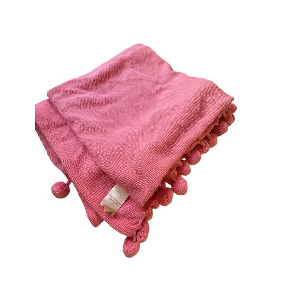 Pottery Barn Teen PINK Throw Blanket Organic Cotton pom poms - Picture 2 of 6
